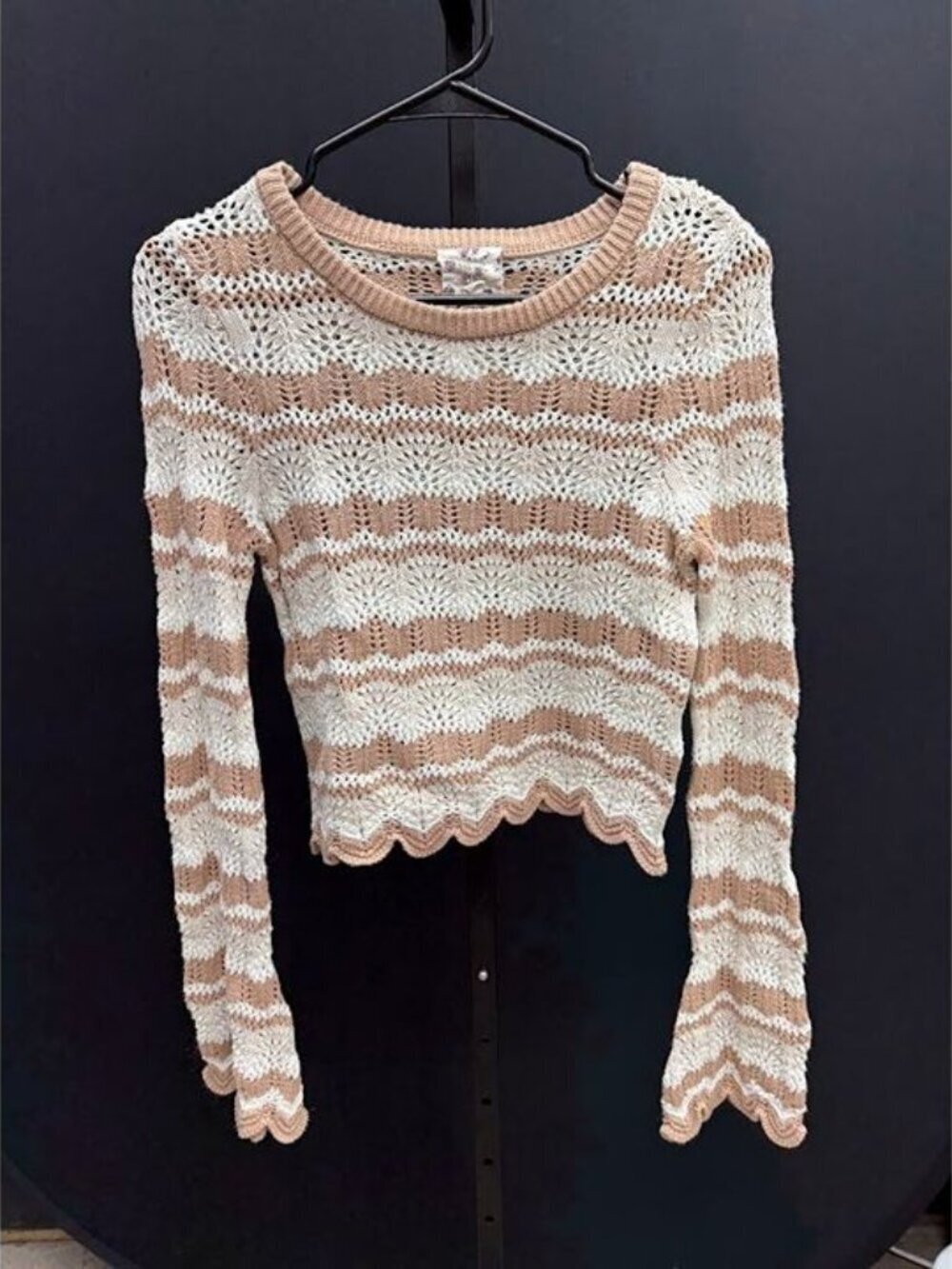 Hippie Rose Tan Striped Open Knit Crochet Sweater